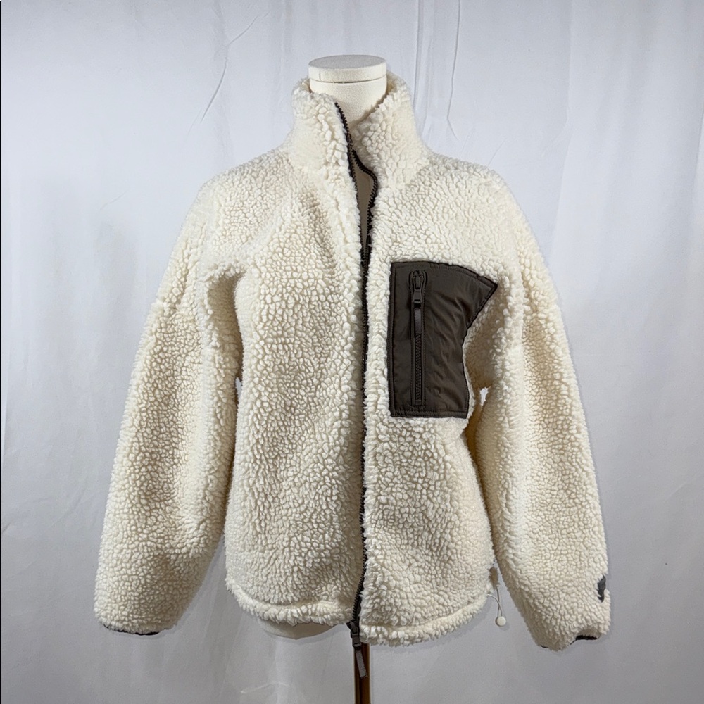 Fabletics Off-White Teddy Jacket with Charcoal Pocket